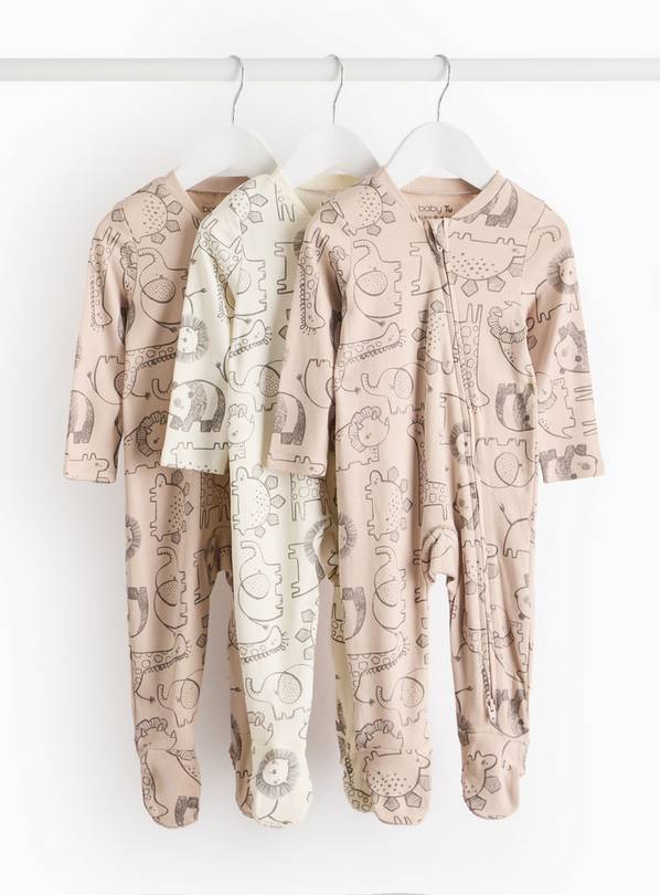 Beige Safari Animal Print Long Sleeve Sleepsuits 3 Pack Up to 1 mth